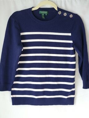 Lauren Ralph Lauren Striped Sweater Womens M Navy White Nautical Coastal Button